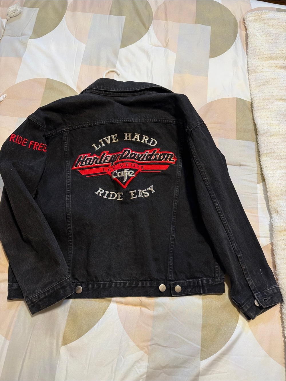 Harley-Davidson Black Denim Jacket with Red and White Embroidery Vintage